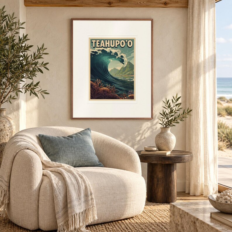 Teahupo'o Surf print in a Red Oak frame with a white mat in a light-filled coastal sitting room.