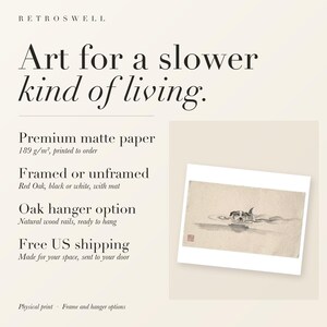 RetroSwell print details for Swimming Dog Xieyi Ink: premium 189 g/m² matte paper, framed or unframed, oak hanger option, free US shipping.