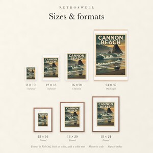 Sizes and formats for Cannon Beach Oregon Surf, shown to scale: unframed prints, oak hanger and framed prints.