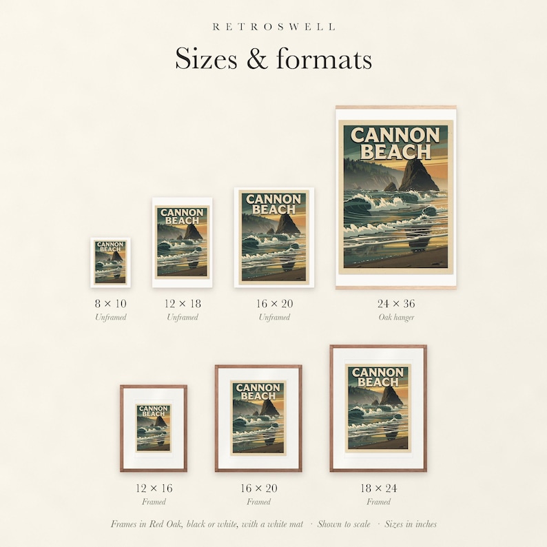 Sizes and formats for Cannon Beach Oregon Surf, shown to scale: unframed prints, oak hanger and framed prints.