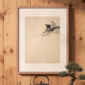 Surfer Cutback Ink Style print in a Red Oak frame with a white mat, leaning against the wall above the tea table in a tea room.