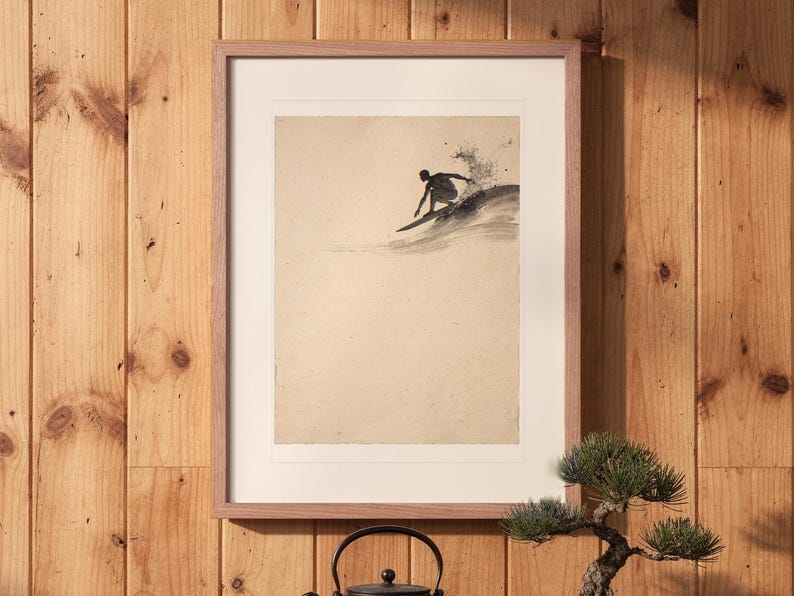 Surfer Cutback Ink Style print in a Red Oak frame with a white mat, leaning against the wall above the tea table in a tea room.