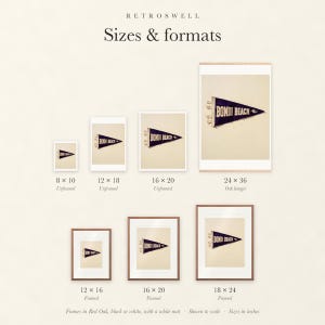 Sizes and formats for Bondi Beach, Sydney, Australia Surf Pennant, shown to scale: unframed prints, oak hanger and framed prints.