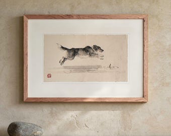 Lámina artística de Xieyi con tinta, con la imagen de un perro persiguiendo un palo. Pintura china con pincel, enmarcada o sin enmarcar. Arte mural paisajístico.