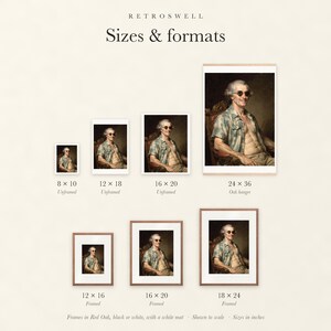 Sizes and formats for James Madison Surfer, shown to scale: unframed prints, oak hanger and framed prints.