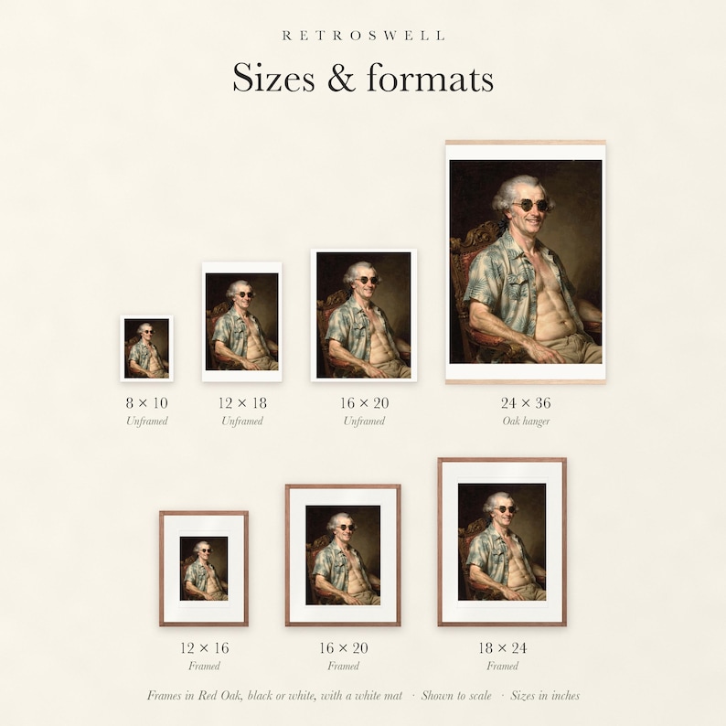 Sizes and formats for James Madison Surfer, shown to scale: unframed prints, oak hanger and framed prints.