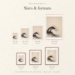 Sizes and formats for Breaking Wave Ink Style, shown to scale: unframed prints, oak hanger and framed prints.