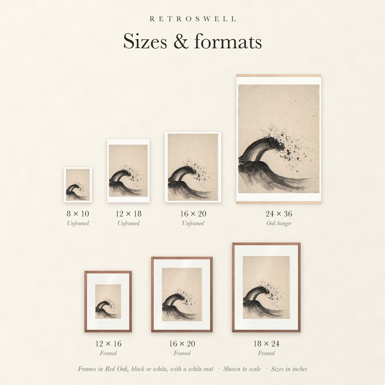 Sizes and formats for Breaking Wave Ink Style, shown to scale: unframed prints, oak hanger and framed prints.