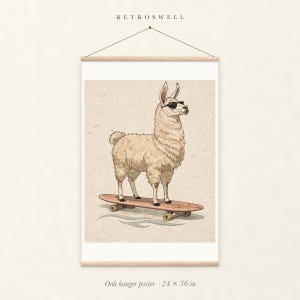 Llama on a Longboard oak hanger poster, 24 by 36 inches, with natural wood rails and a hanging cord.