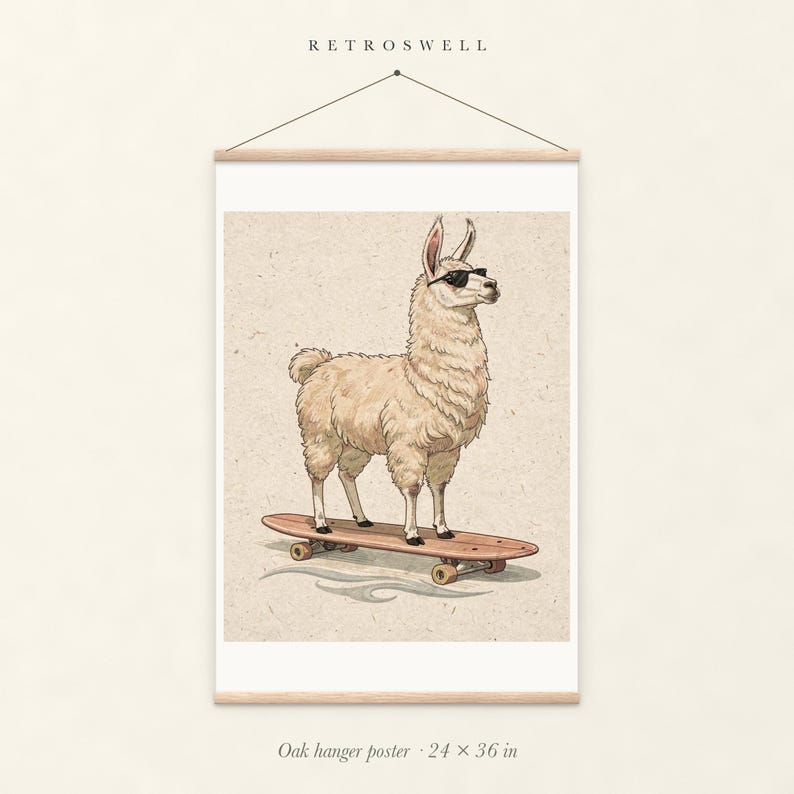 Llama on a Longboard oak hanger poster, 24 by 36 inches, with natural wood rails and a hanging cord.