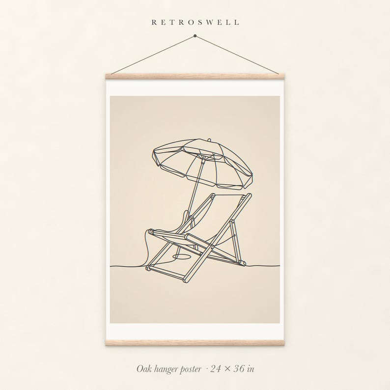 Beach Chair and Umbrella Line oak hanger poster, 24 by 36 inches, with natural wood rails and a hanging cord.