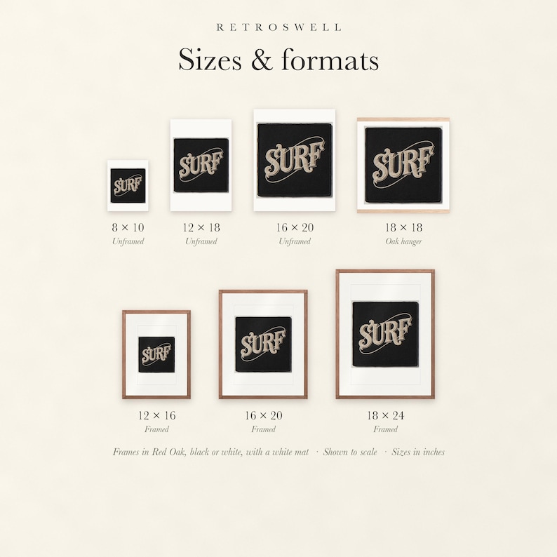 Sizes and formats for Surf Patch, shown to scale: unframed prints, oak hanger and framed prints.