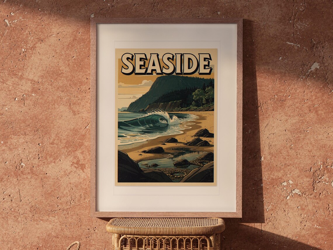 Seaside Surf Travel Poster print in a Red Oak frame with a white mat, hanging above the table in a boho living room.