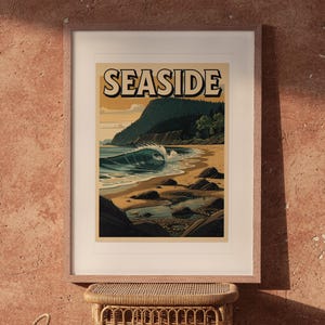 Seaside Surf Travel Poster print in a Red Oak frame with a white mat, hanging above the table in a boho living room.