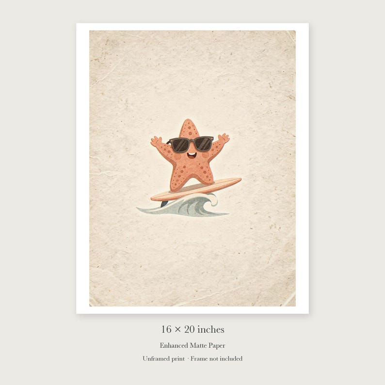 Surfing Starfish unframed 16 by 20 inch print on enhanced matte paper, shown with its white paper border.