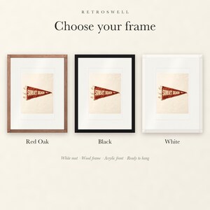 Frame options for Sunset Beach, Oahu, Hawaii Surf Pennant: Red Oak, black and white wood frames, each with a white mat.