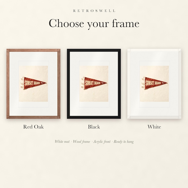 Frame options for Sunset Beach, Oahu, Hawaii Surf Pennant: Red Oak, black and white wood frames, each with a white mat.