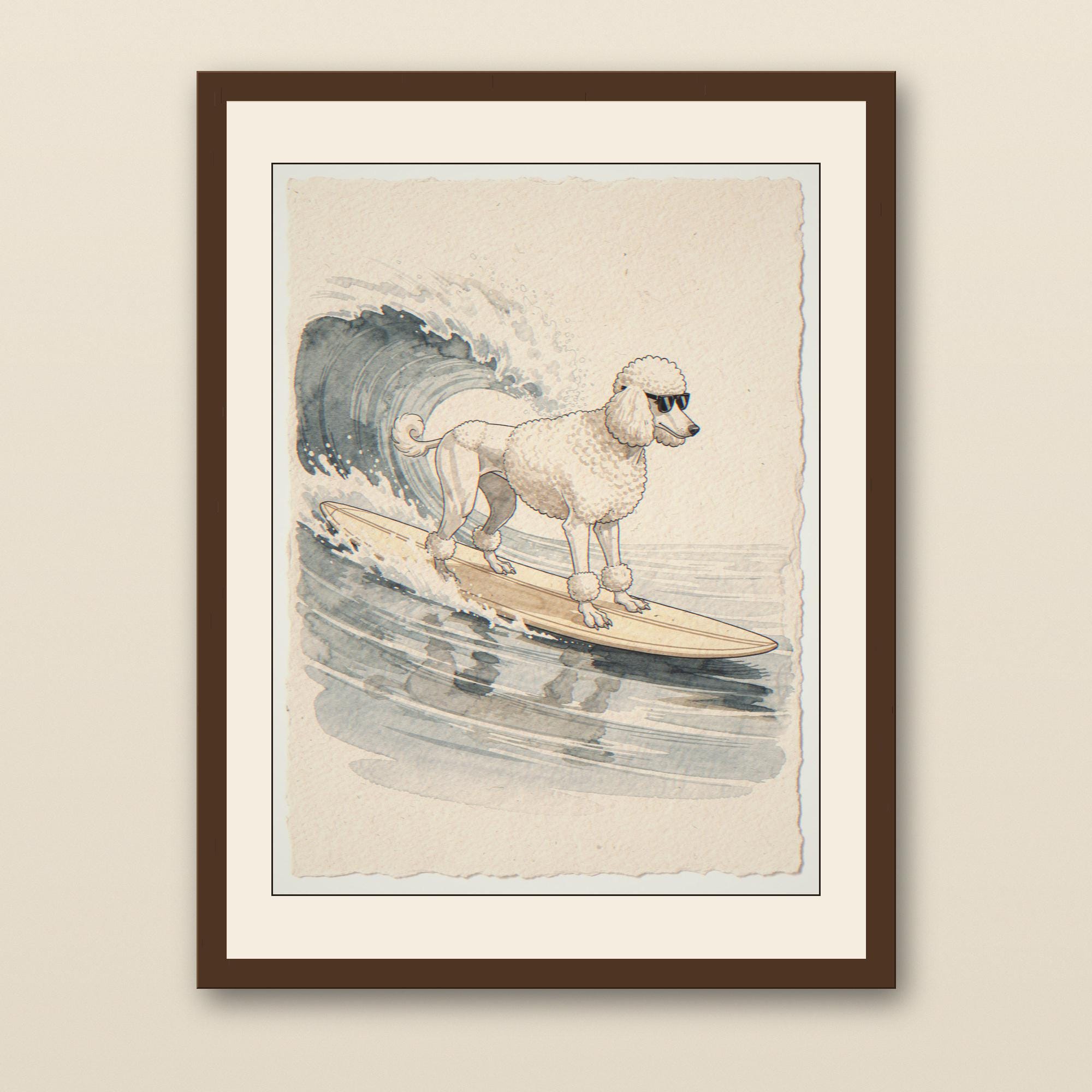 Poodle Surfing Print - walnut framed art print with cream mat on plaster wall