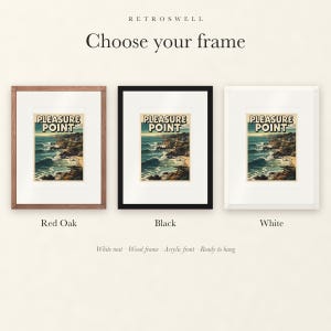Frame options for Pleasure Point Surf: Red Oak, black and white wood frames, each with a white mat.