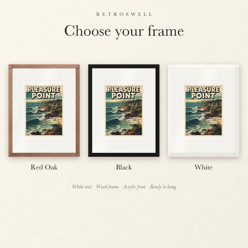 Frame options for Pleasure Point Surf: Red Oak, black and white wood frames, each with a white mat.