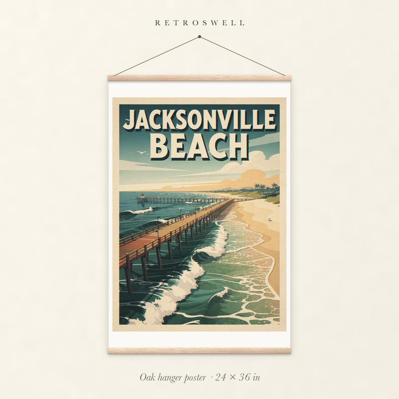 Jacksonville Beach Surf oak hanger poster, 24 by 36 inches, with natural wood rails and a hanging cord.