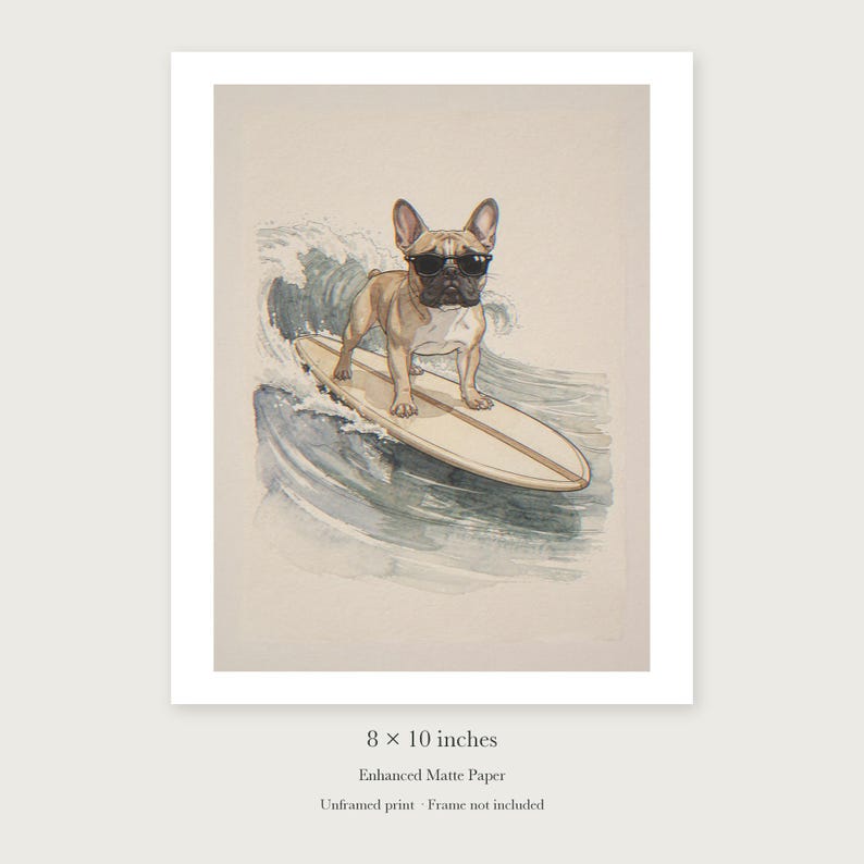 French Bulldog Surfing Art Print, Framed or Unframed Watercolor Style Dog Poster image 7