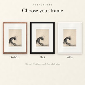Frame options for Curling Wave Ink Style: Red Oak, black and white wood frames, each with a white mat.