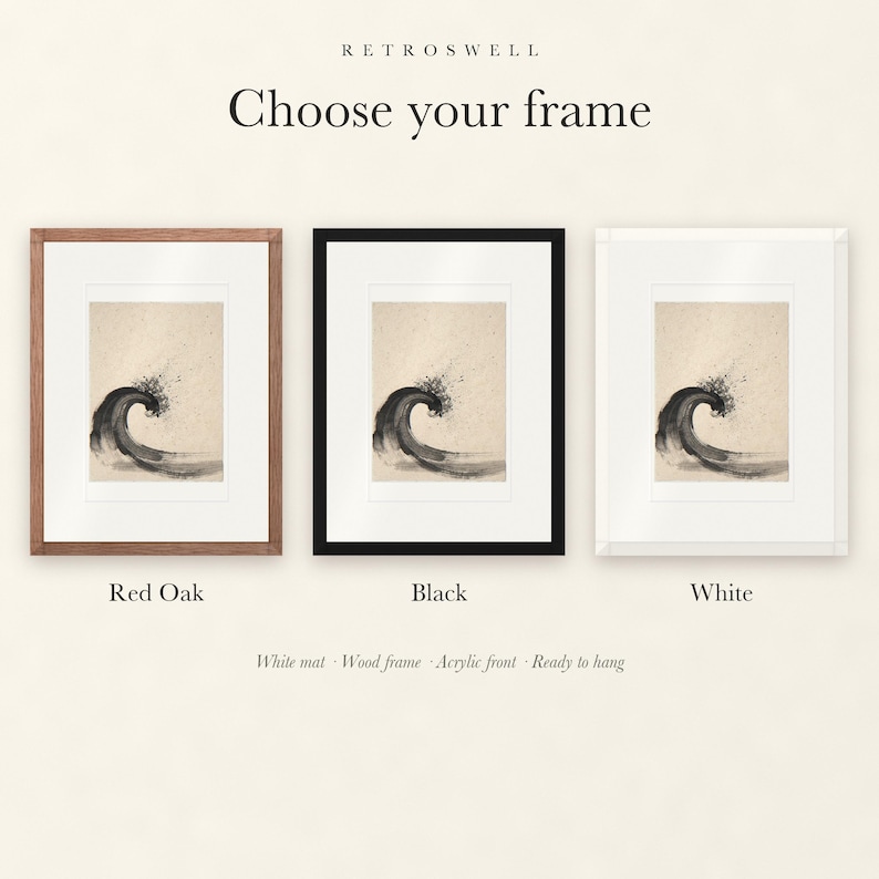 Frame options for Curling Wave Ink Style: Red Oak, black and white wood frames, each with a white mat.