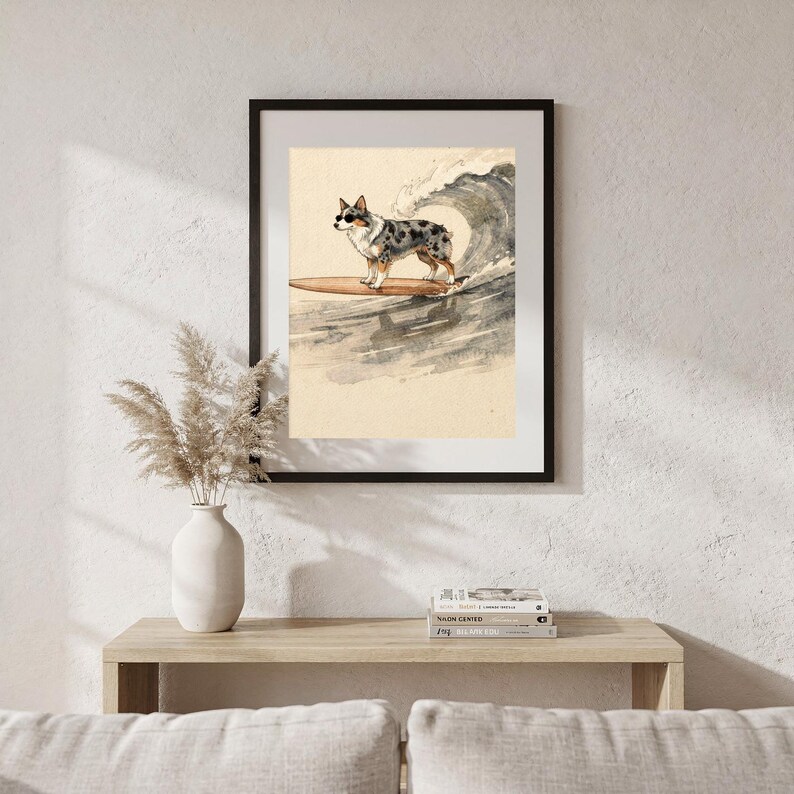 Australian Shepherd Surfing Print | Watercolor Dog Wall Art | Coastal Beach Decor | Printable Instant Download | Aussie Gift image 5