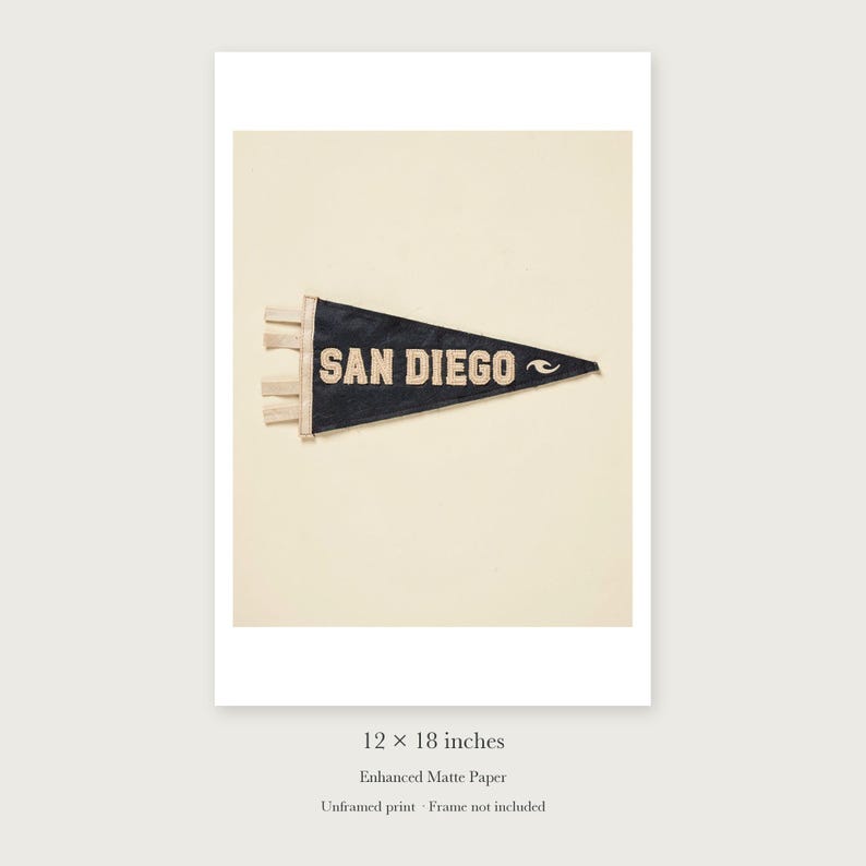 San Diego Surf Pennant unframed 12 by 18 inch print on enhanced matte paper, shown with its white paper border.