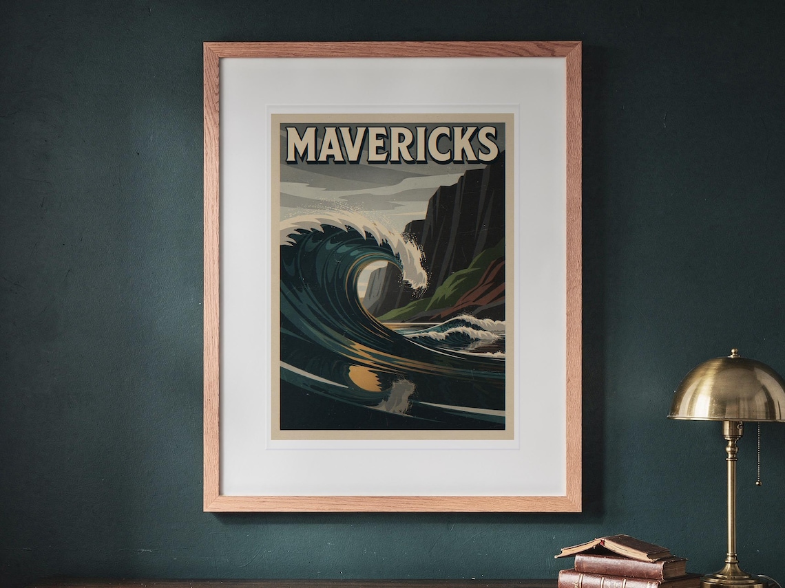 Mavericks Surf Travel Poster print in a Red Oak frame with a white mat, hanging above the sideboard in a green study.