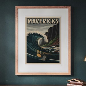 Mavericks Surf Travel Poster print in a Red Oak frame with a white mat, hanging above the sideboard in a green study.