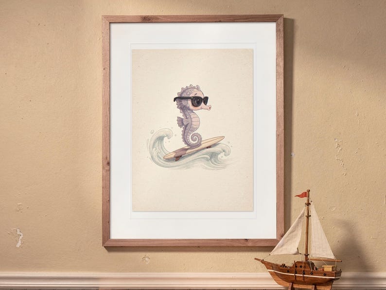 Seahorse Surfing print in a Red Oak frame with a white mat, hanging above the bookshelf in a nursery.