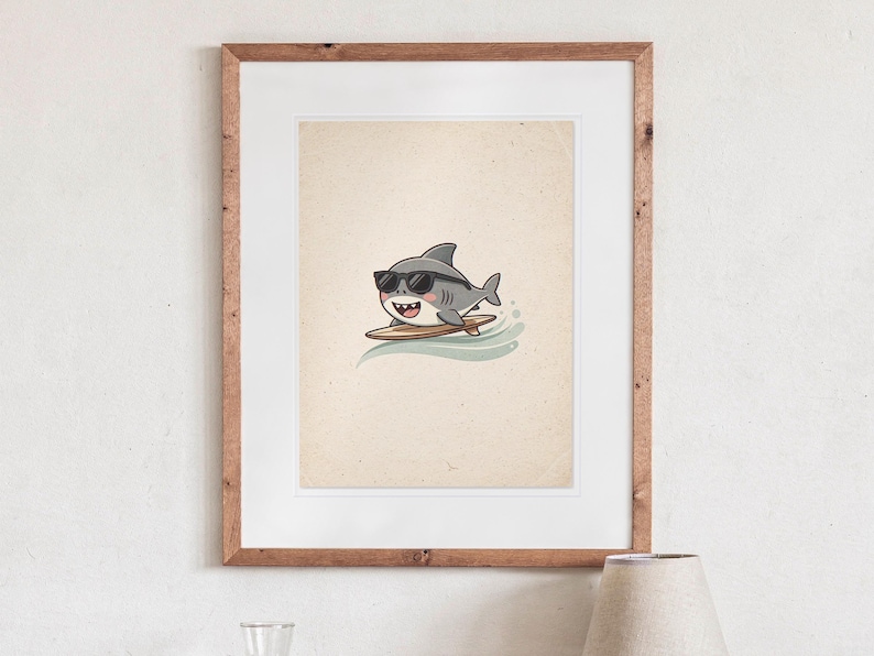 Shark Surfing print in a Red Oak frame with a white mat, hanging above the bedside table in a calm bedroom.