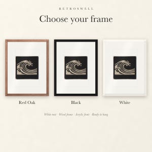 Frame options for Wave Patch: Red Oak, black and white wood frames, each with a white mat.