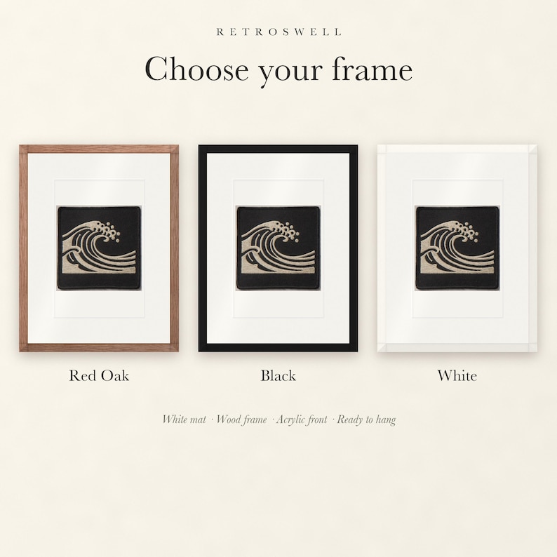 Frame options for Wave Patch: Red Oak, black and white wood frames, each with a white mat.