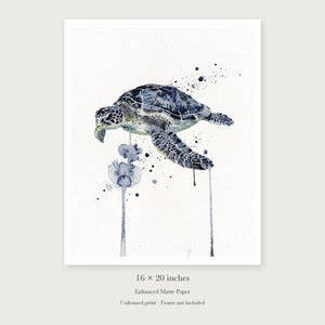 Sea Turtle Watercolor unframed 16 by 20 inch print on enhanced matte paper, shown with its white paper border.