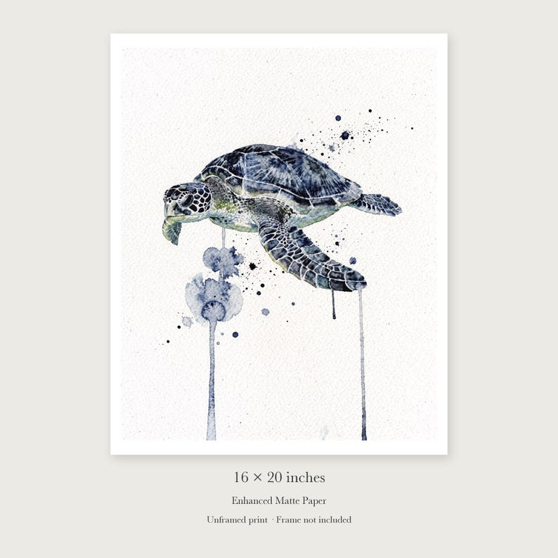 Sea Turtle Watercolor unframed 16 by 20 inch print on enhanced matte paper, shown with its white paper border.