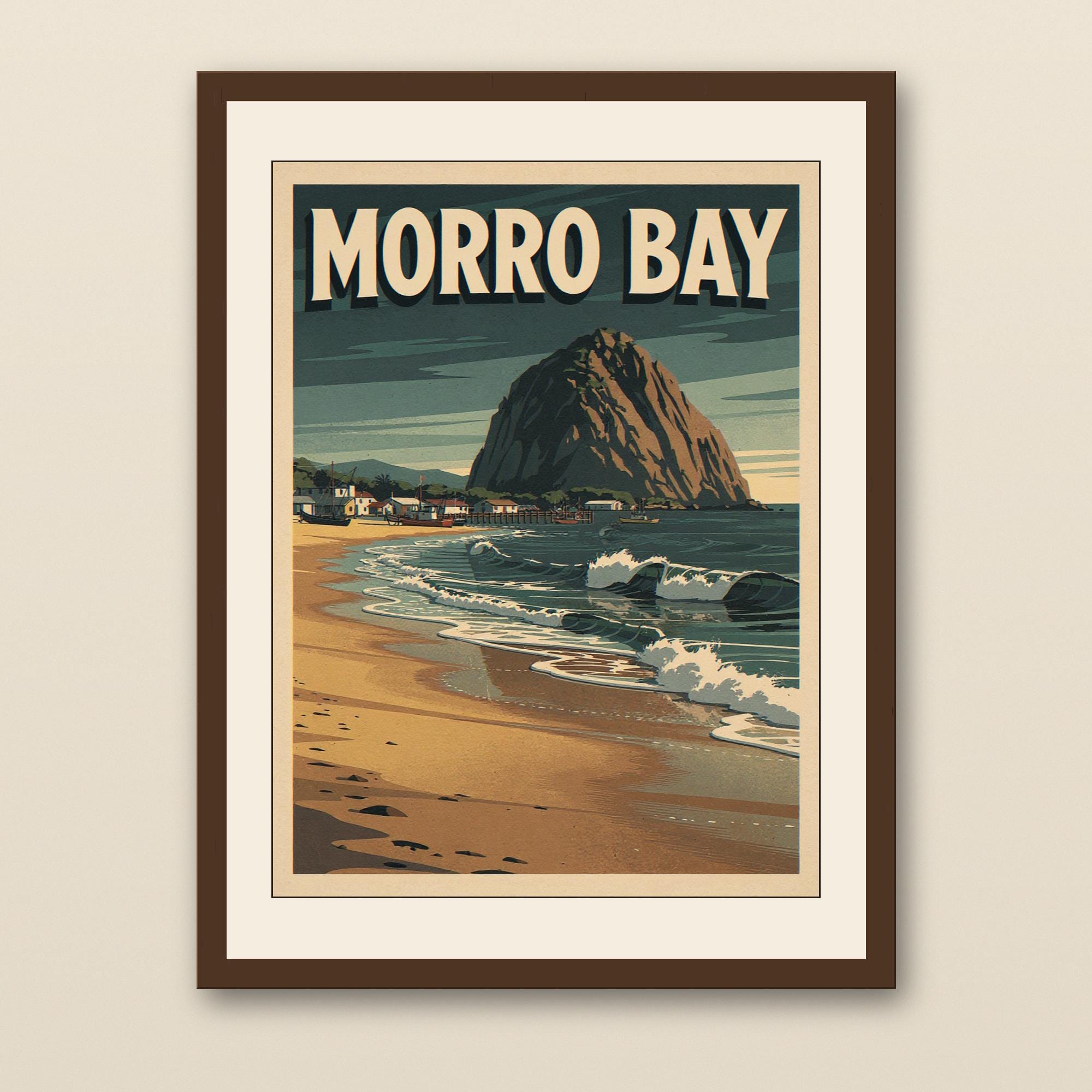 Morro Bay California Surf Poster - walnut framed art print with cream mat on plaster wall