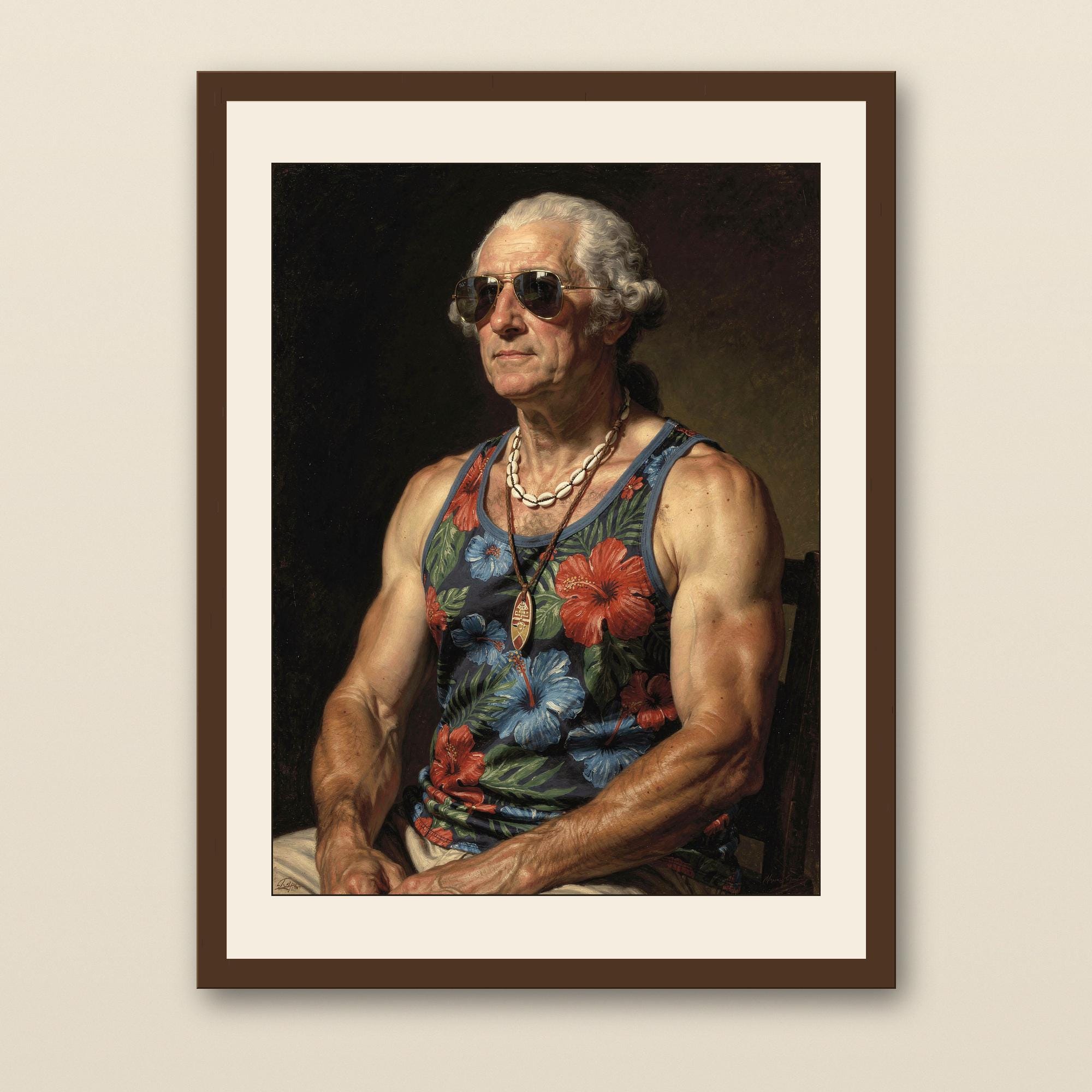 George Washington Surfer Print - walnut framed art print with cream mat on plaster wall
