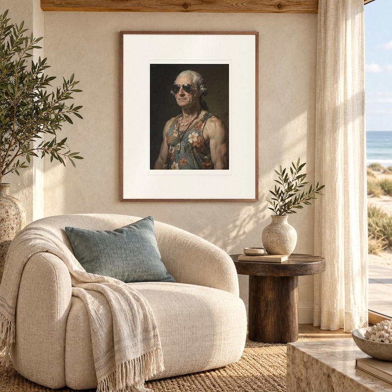 George Washington print in a Red Oak frame with a white mat in a light-filled coastal sitting room.