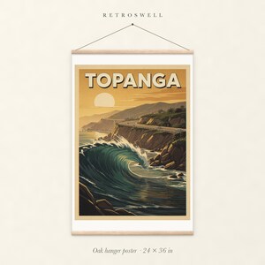 Topanga Surf oak hanger poster, 24 by 36 inches, with natural wood rails and a hanging cord.