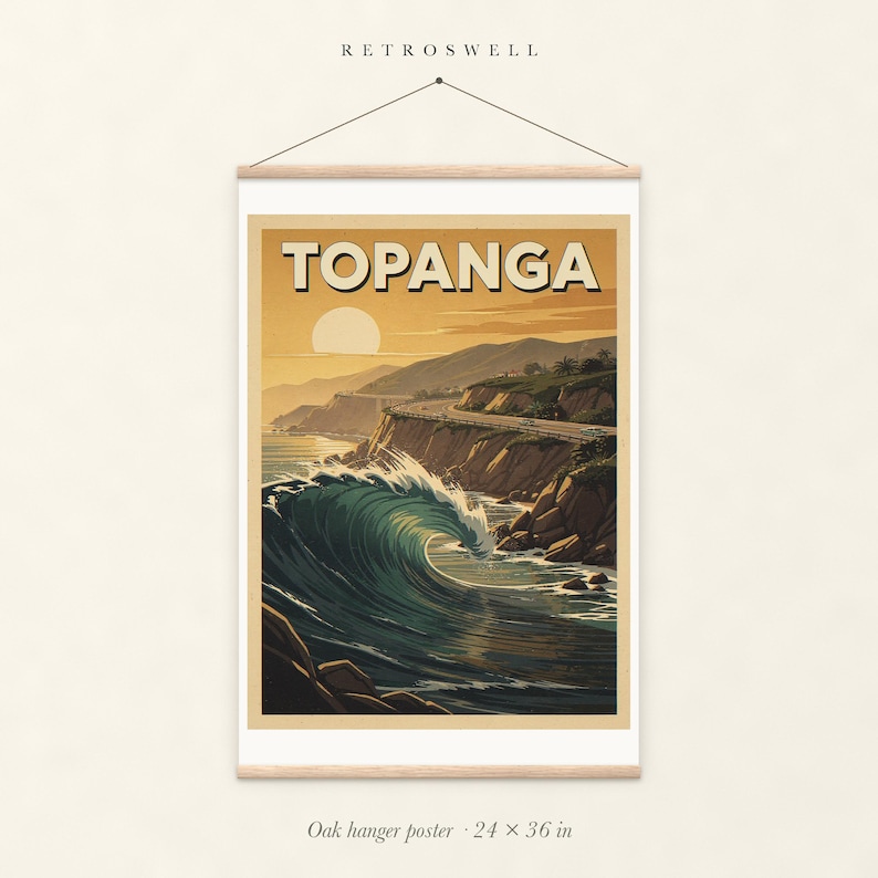 Topanga Surf oak hanger poster, 24 by 36 inches, with natural wood rails and a hanging cord.