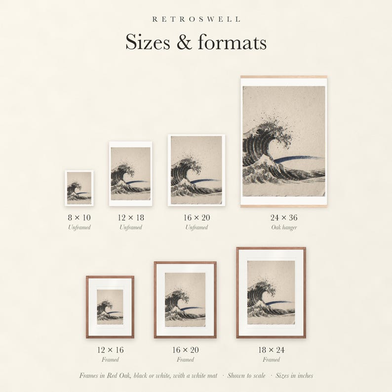 Sizes and formats for Crashing Wave Ink Style, shown to scale: unframed prints, oak hanger and framed prints.