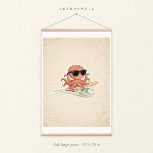 Surfing Octopus oak hanger poster, 24 by 36 inches, with natural wood rails and a hanging cord.