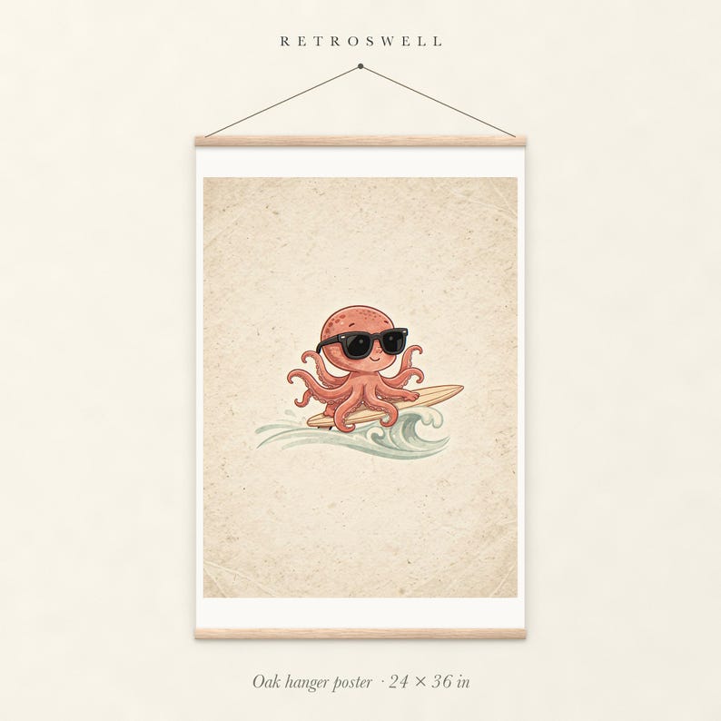 Surfing Octopus oak hanger poster, 24 by 36 inches, with natural wood rails and a hanging cord.