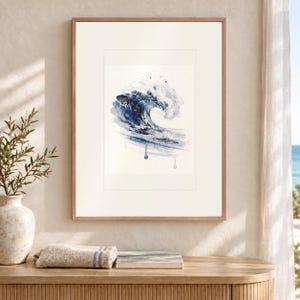 Prussian Blue Wave Watercolor Art Print, Framed or Unframed Coastal Ocean Poster image 2
