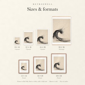 Sizes and formats for Curling Wave Ink Style, shown to scale: unframed prints, oak hanger and framed prints.