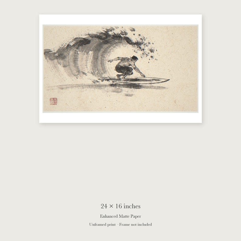 Surfer Cutback Xieyi Ink unframed 24 by 16 inch print on enhanced matte paper, shown with its white paper border.
