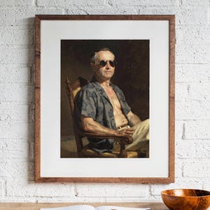 Calvin Coolidge Surfer printable art, shown printed in a Red Oak frame with a white mat, hanging above the desk in a home office.